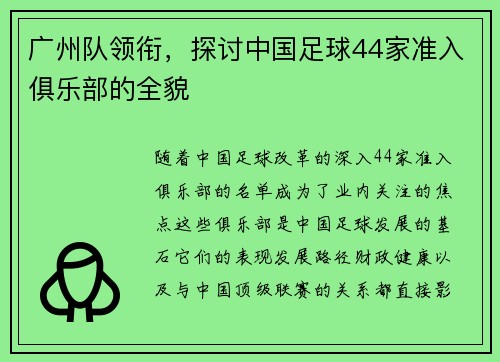广州队领衔，探讨中国足球44家准入俱乐部的全貌